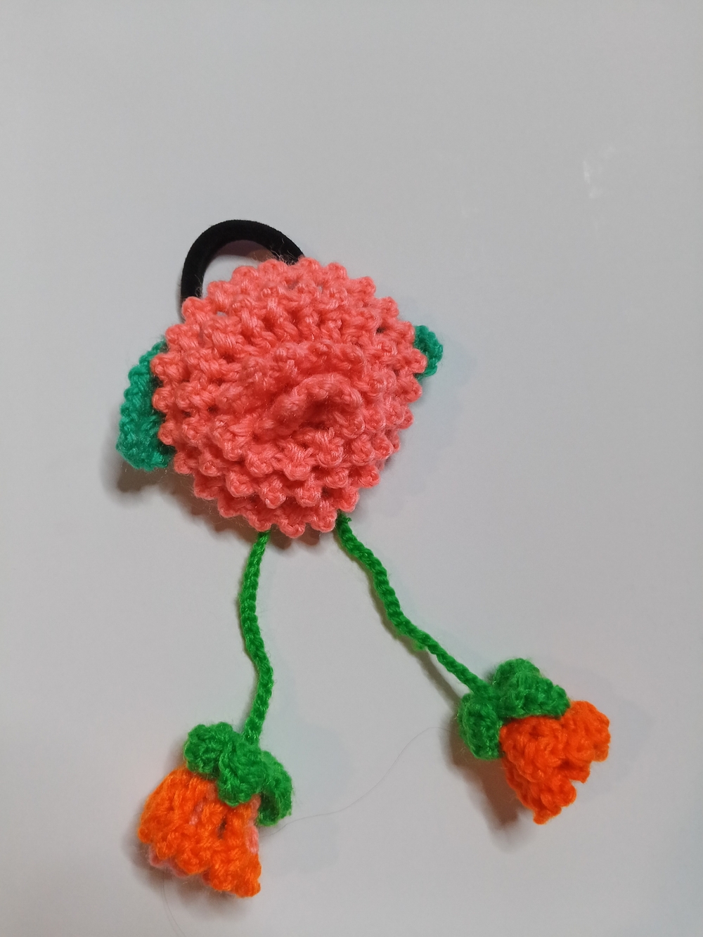 Handmade Pink Crochet Flower Hair Tie with Orange Dangle Buds